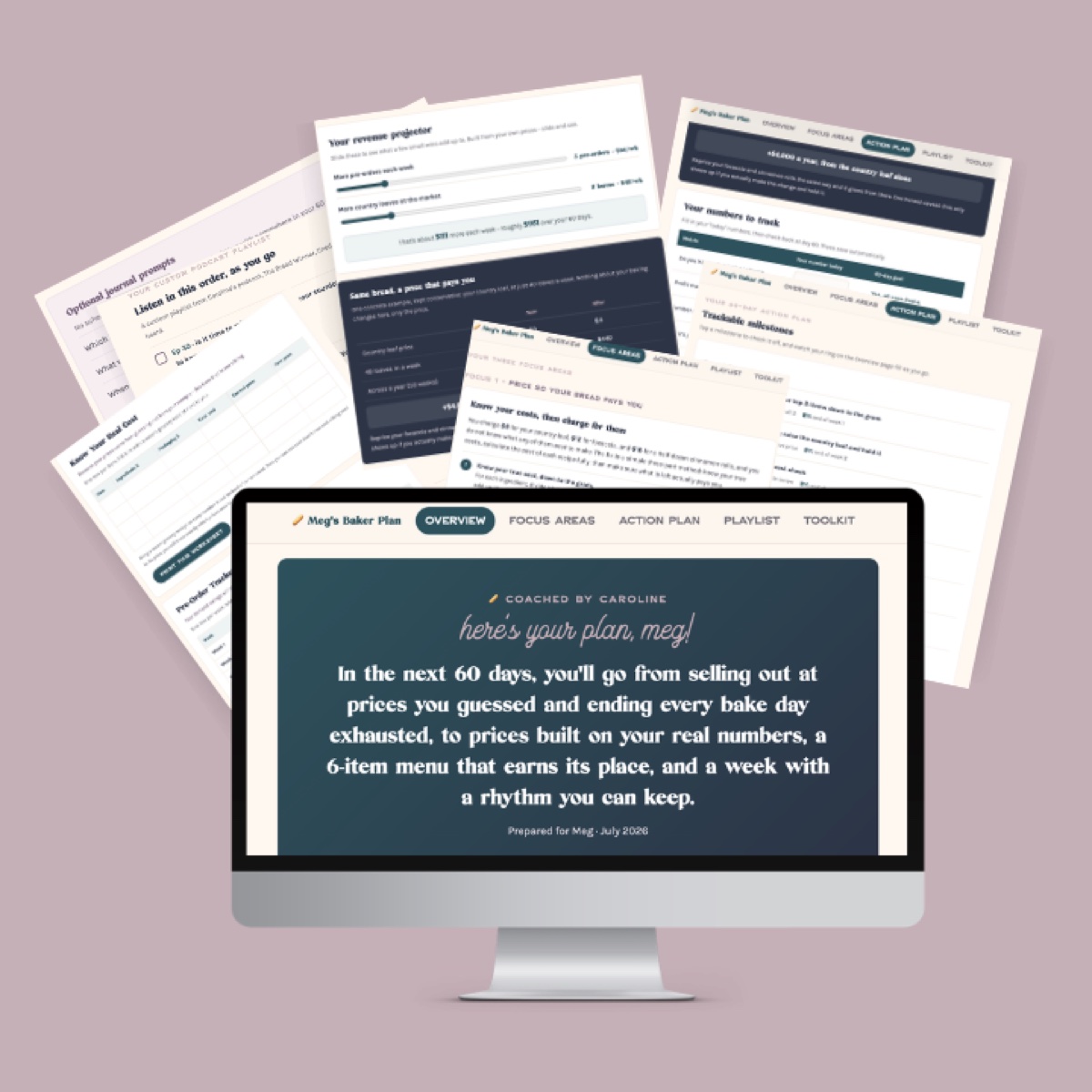 Your Custom Baker Plan on screen, surrounded by its weekly path, worksheets, revenue projector, numbers tracker, and podcast playlist pages